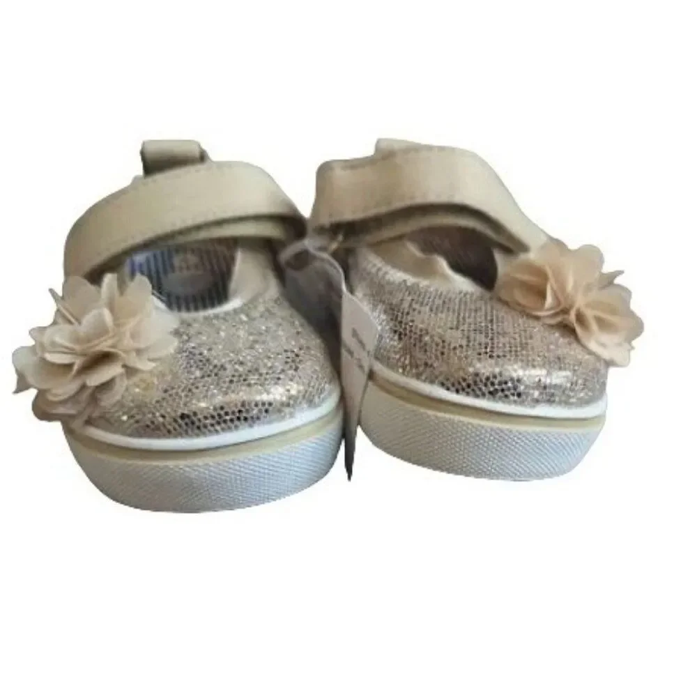 Toddler Girl's Golden Glitter Mary Jane Shoes With Flower Strap‎ Size 3